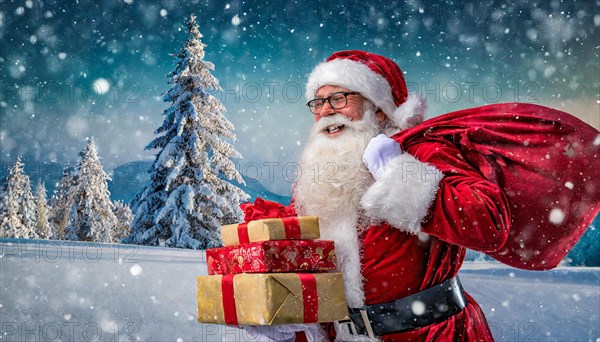 AI generated, man, 70+, Father Christmas, red coat, backpack, full beard, winter, snow, ice, fir