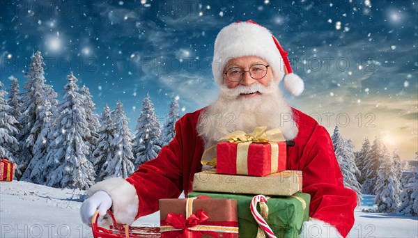 AI generated, man, 70+, Father Christmas, red coat, backpack, full beard, winter, snow, ice, fir