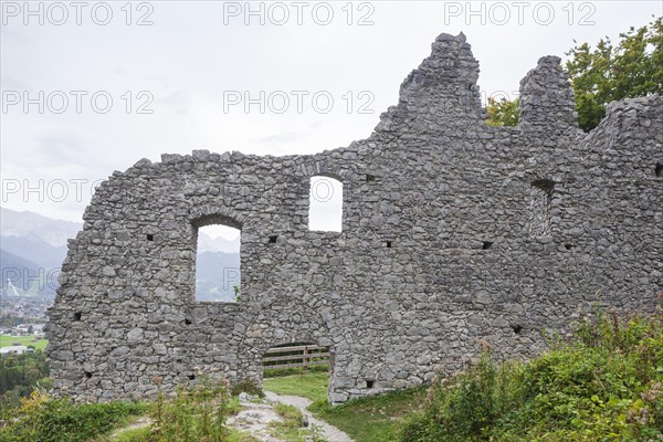 Ruin of Werdenfels Castle with overcast sky, Garmisch-Partenkirchen, Werdenfelser Land, Upper