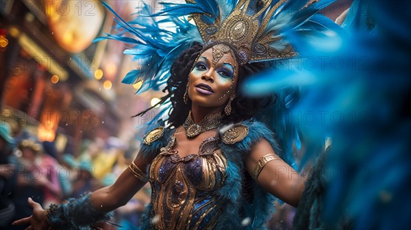 A dancer mascot adorned in a dazzling costume with feathers, immersed in the energetic atmosphere