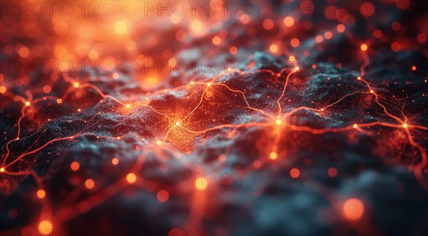 Intense orange glow over a complex neural network, creating a sense of energetic dynamics, ai