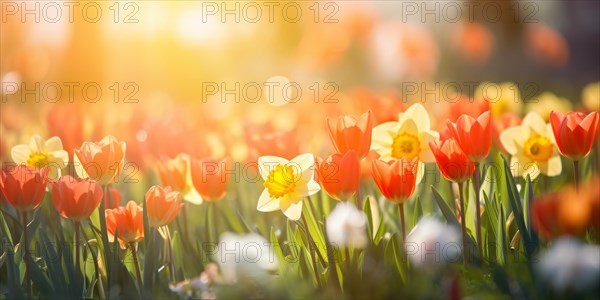 Red tulip and yellow Daffodil spring flowers in meadow with sunlight. KI generiert, generiert AI