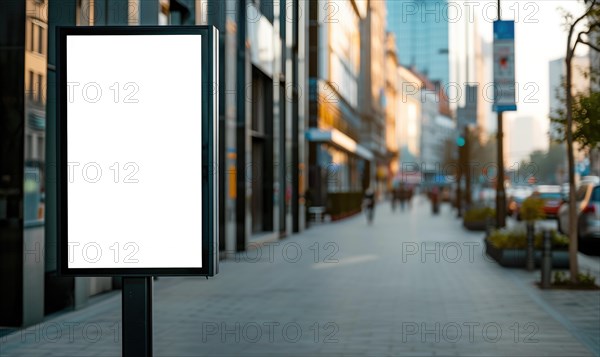 Blank street billboard on city street. Mock up of vertical advertising stand in the street AI