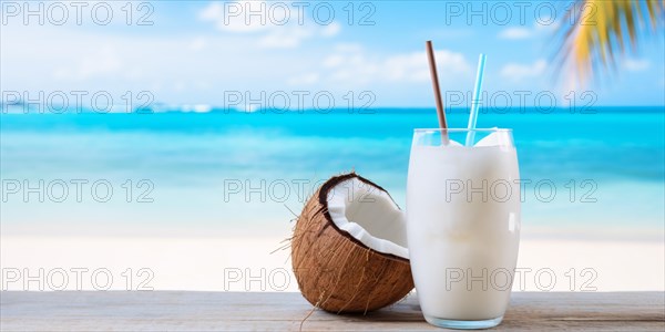 Tropical cocktail with drinking straws and coconut with beach in background. KI generiert,