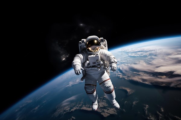 Astronaut Floating Above Earth in Space with extravehicular mobility unit and backpack. Wonder and