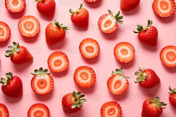 Top view of strawberry slices and whole fruits on pink background. KI generiert, generiert AI