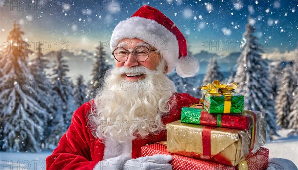 AI generated, man, 70+, Father Christmas, red coat, backpack, full beard, winter, snow, ice, fir