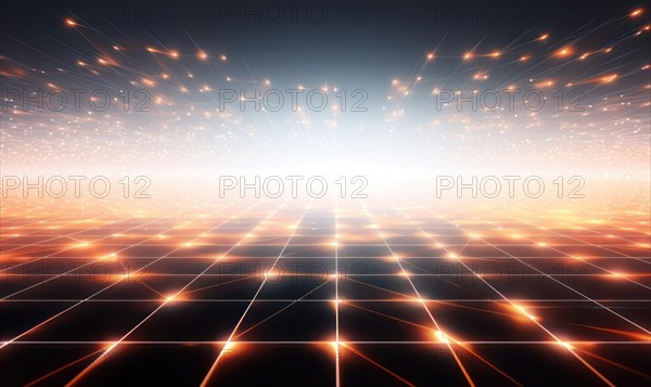 Bright abstract energy scene with orange light streaks on a futuristic digital grid AI generated
