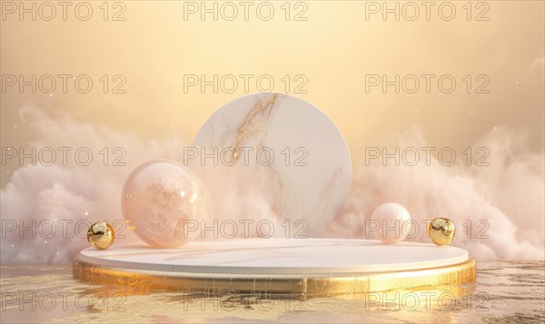 Podium for product presentation. Abstract background with empty round stage with gold decoration