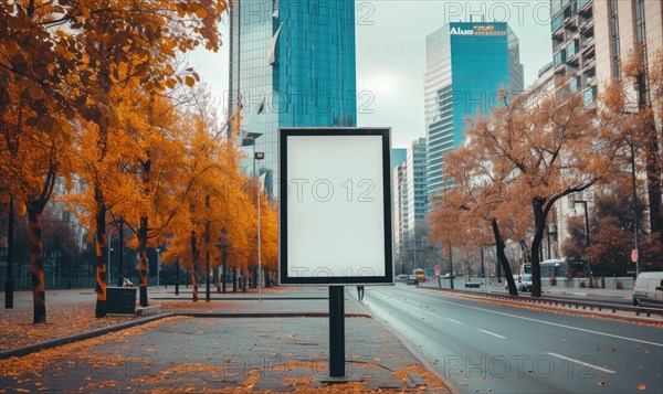 Blank street billboard on city street. Mock up of vertical advertising stand in the street AI