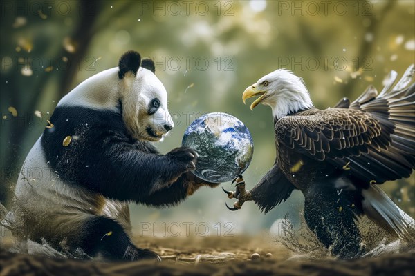 A panda and a bald eagle fight over a globe, symbolising the cultural, ideological and economic