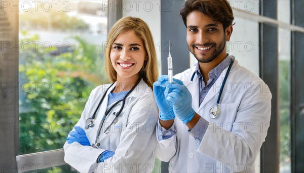 Ai generated, RF, woman, woman, man, men, doctor, female doctor, two, 30-35, years, attractive,