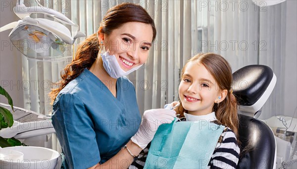 AI generated, dentist treats a little girl, dentist, blonde, 30, 35, years, dental treatment,