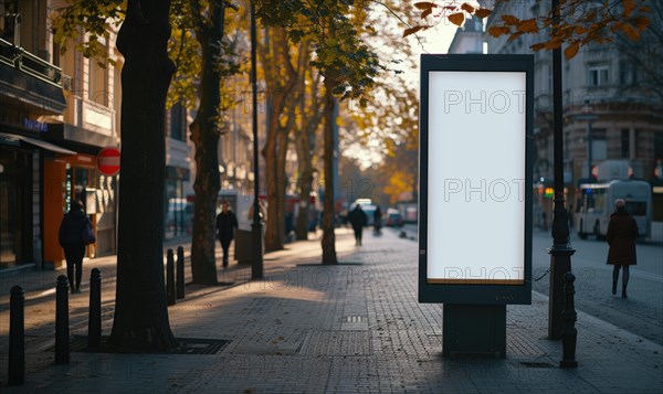 Blank street billboard on city street. Mock up of vertical advertising stand in the street AI