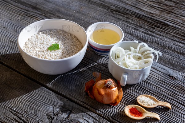 Raw Ingredient to Make the Saffron Rice, Risotto alla Milanese with Parmesan Cheese and White Wine