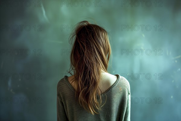 The image of a young woman from behind, surrounded by shades of green, creates a bleak atmosphere,