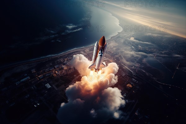 Aerial view of a rocket shuttle carrier launch at sunrise over an ocean coast. The rocket is
