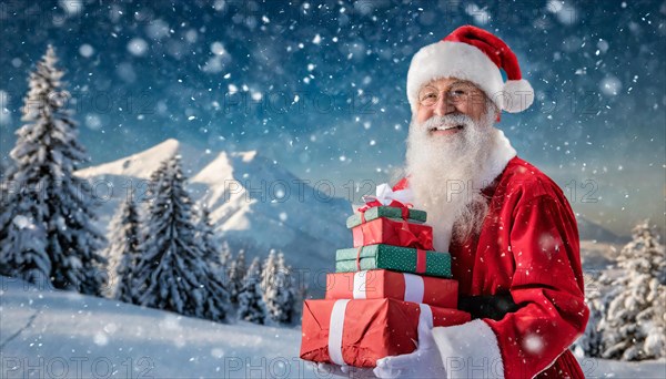 AI generated, man, 70+, Father Christmas, red coat, backpack, full beard, winter, snow, ice, fir