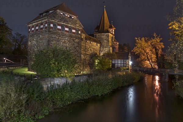 Wenzelburg or Laufer Kaiserburg castle illuminated at night, rebuilt by Emperor Charles IV in 1556,