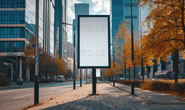 Blank street billboard on city street. Mock up of vertical advertising stand in the street AI