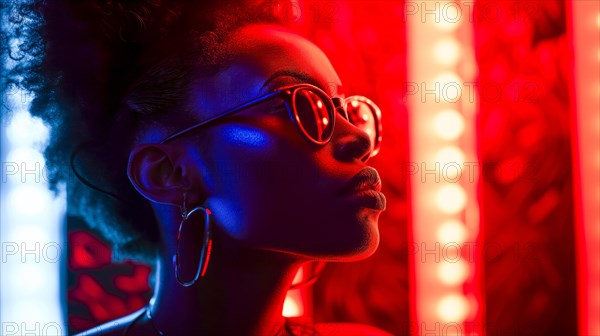 Relaxed woman with trendy glasses in a discreet pose, mysteriously illuminated by red neon lights,