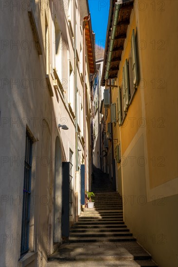 Old Beautiful Narrow Street with Building in a Sunny Day in Morcote, Ticino, Switzerland, Europe