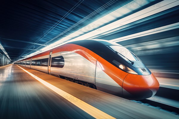 Modern high speed train in a futuristic train station. Modern transportation technology, speed,