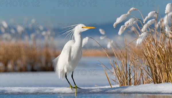 KI generated, animal, animals, bird, birds, biotope, habitat, one, individual, water, reed, snow,