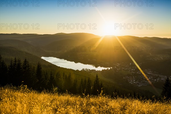 View from Hochfirst to Titisee and Feldberg, sunset, near Neustadt, Black Forest,