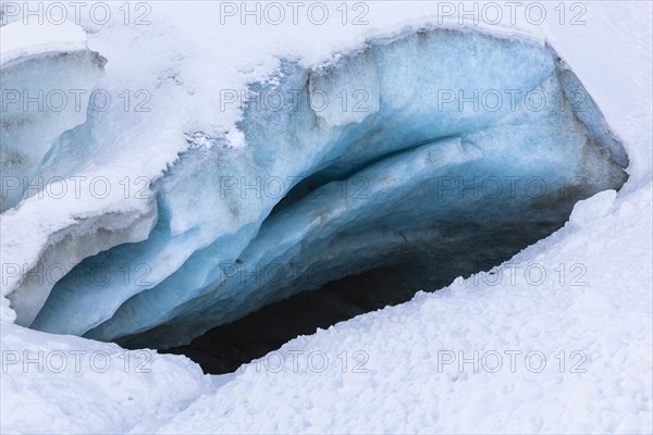 Glacier tongue, snow, winter, Morteratsch glacier, Pontresina, Engadin, Graubuenden, Switzerland,
