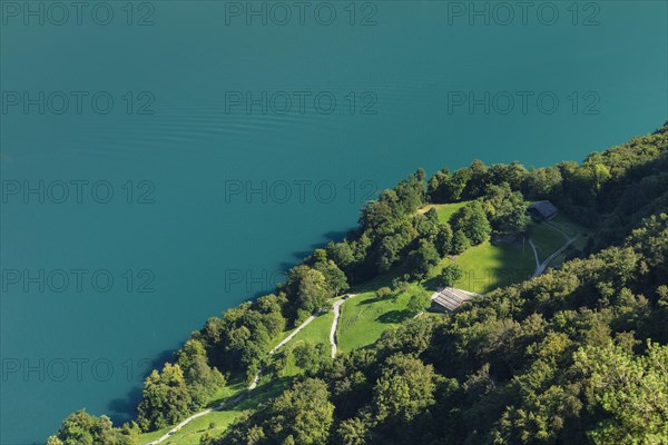 View from Seelisberg to the Ruetli meadow, site of the Ruetli oath, national monument, Lake Uri,