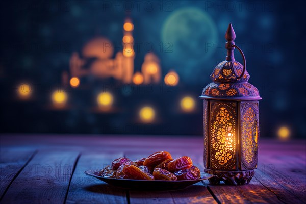 Ramadan lantern to a plate of succulent figs in violet purple tones with mosque and moon, set on an