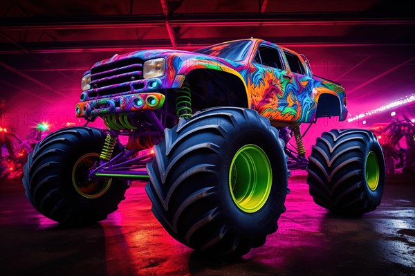 Monster truck illuminated by neon lights, excitement and thrill of an extreme sport and