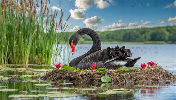 KI generated, animal, animals, bird, birds, biotope, habitat, one, individual, water, reed, blue