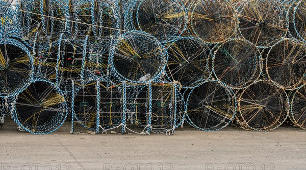 Closeup of crab cages used to bait, lure, and catch crabs for commercial or recreational use in