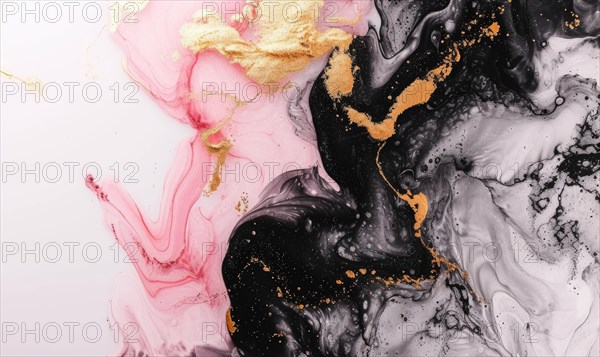 Black, pink, white and gold abstract background. Marbling artwork texture. Rose quartz ripple