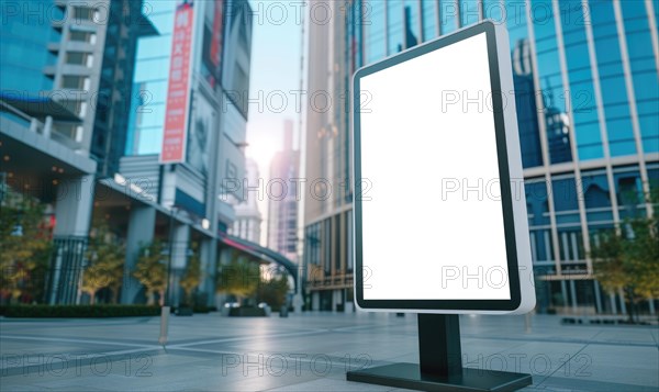 Blank street billboard on city street. Mock up of vertical advertising stand in the street AI