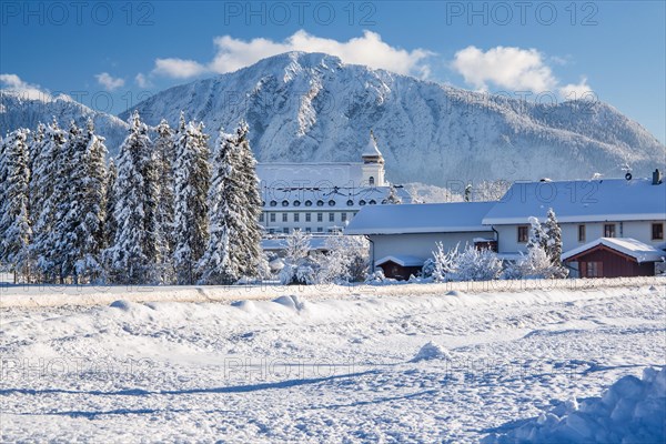 Winter landscape with Schlehdorf Monastery in front of the Jochberg 1567m, Schlehdorf, Lake Kochel,