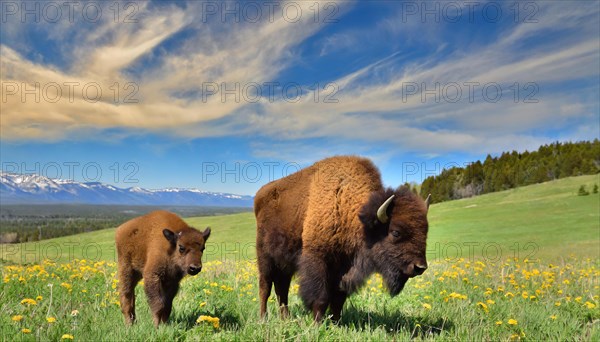 AI generated, animal, animals, mammal, mammals, biotope, habitat, two, bison with calf, spring,