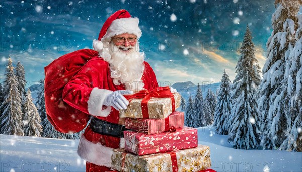 AI generated, man, 70+, Father Christmas, red coat, backpack, full beard, winter, snow, ice, fir