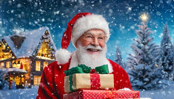 AI generated, man, 70+, Father Christmas, red coat, backpack, full beard, winter, snow, ice, fir