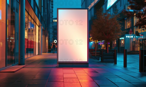 Blank street billboard on city street. Mock up of vertical advertising stand in the street AI