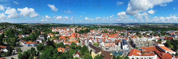 Aerial view of Dingolfing with a view of the historic town centre. Dingolfing, Lower Bavaria,