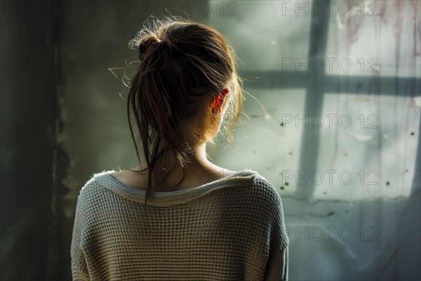 Back view of a young woman shrouded in subdued sunlight near a window, symbolising depression and
