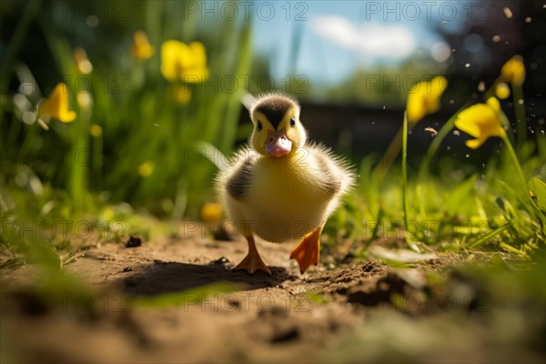 A close-up of a cute duckling standing in a sunlit meadow, with other ducklings and wildflowers in