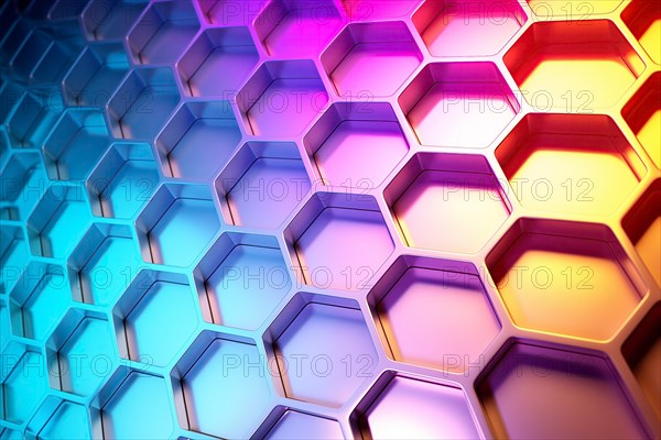 Metallic honeycomb pattern illuminated with vibrant gradient colors abstract background, AI