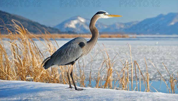 KI generated, animal, animals, bird, birds, biotope, habitat, one, individual, water, reed, winter,