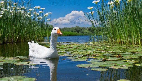 Ai generated, animal, animals, bird, birds, biotope, habitat, an, individual, swims, waters, reeds,