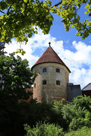 The historic old town centre of Dingolfing with a view of the historic tower. Dingolfing, Lower