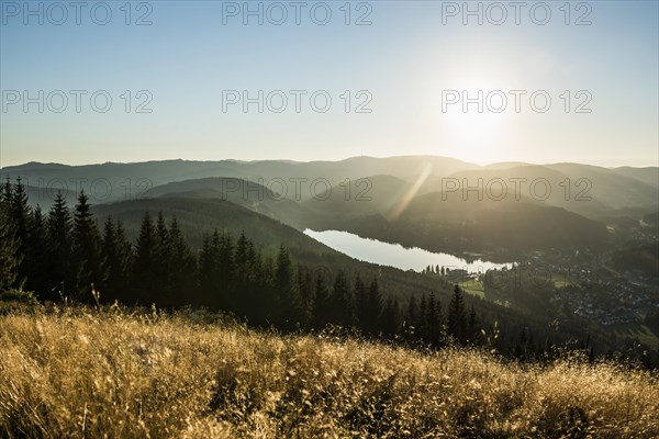 View from Hochfirst to Titisee and Feldberg, sunset, near Neustadt, Black Forest,
